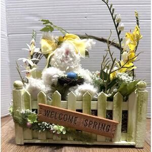 Easter Basket / bunny w/flowers & eggs white picket fence sign welcome Spring